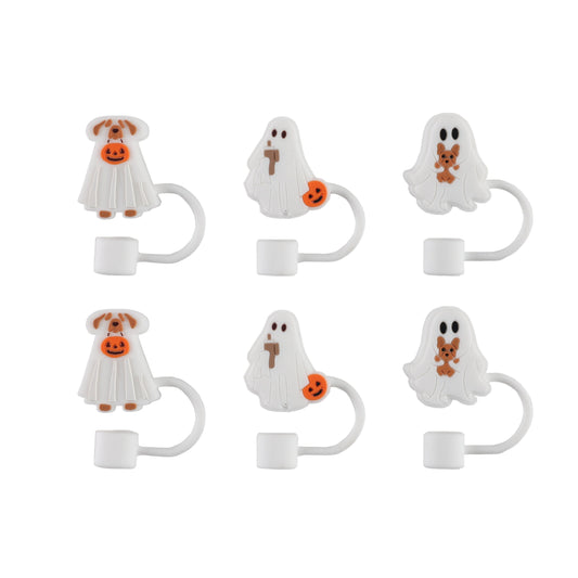 Cook With Color 6-Piece Halloween Straw Toppers Ð White Ghost Shapes, Dishwasher Safe