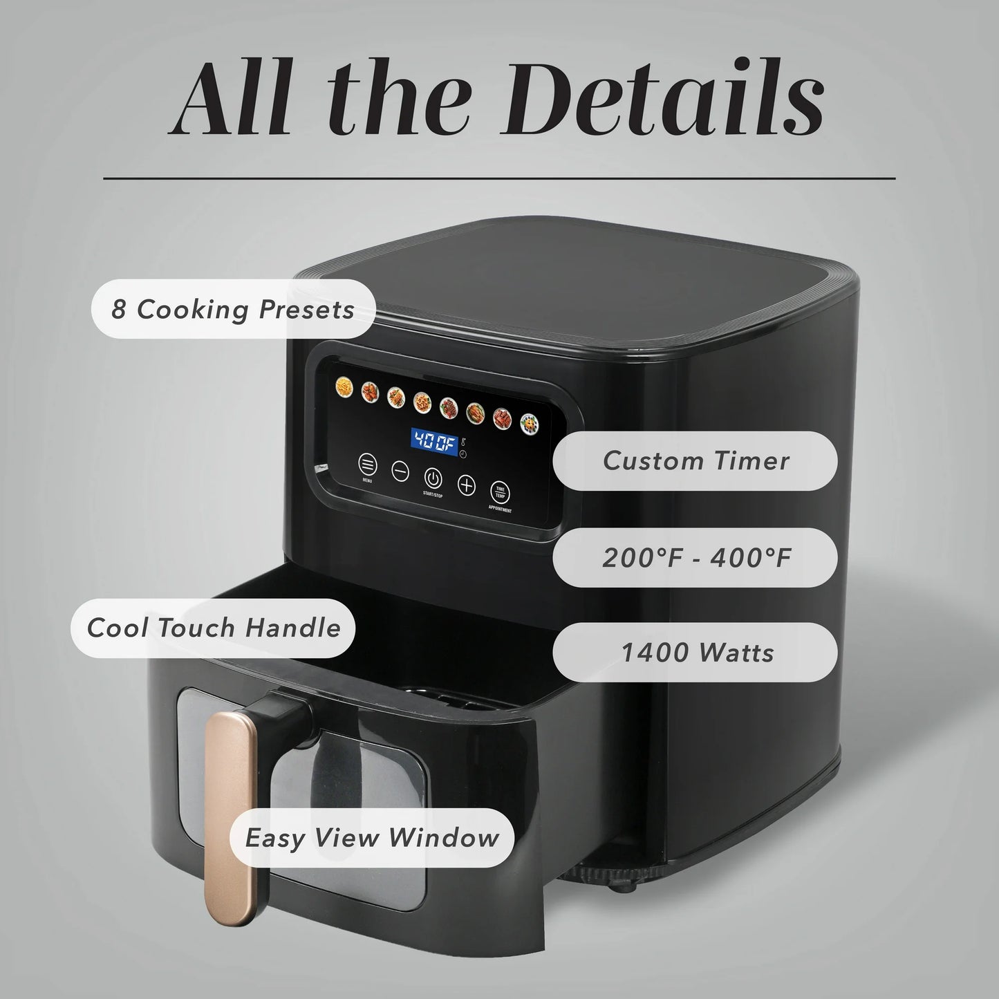 Cook With Color Digital Air Fryer, 5.2Qt Basket, 1400W, 8 Presets, Black